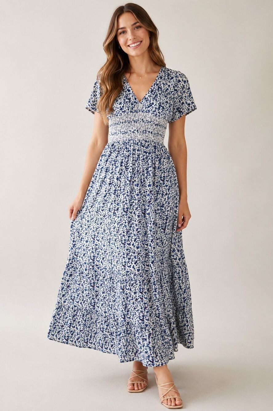Piper & Scoot Blue White Floral Smocked Maxi Dress Women’s Size S